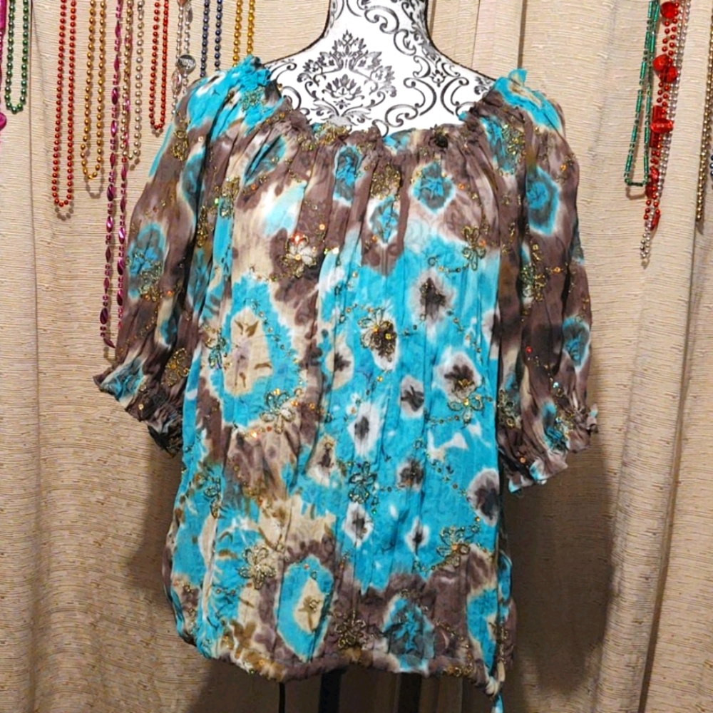 Peter Nygard Tie-Dye Sheer Sequin Blouse Size 10